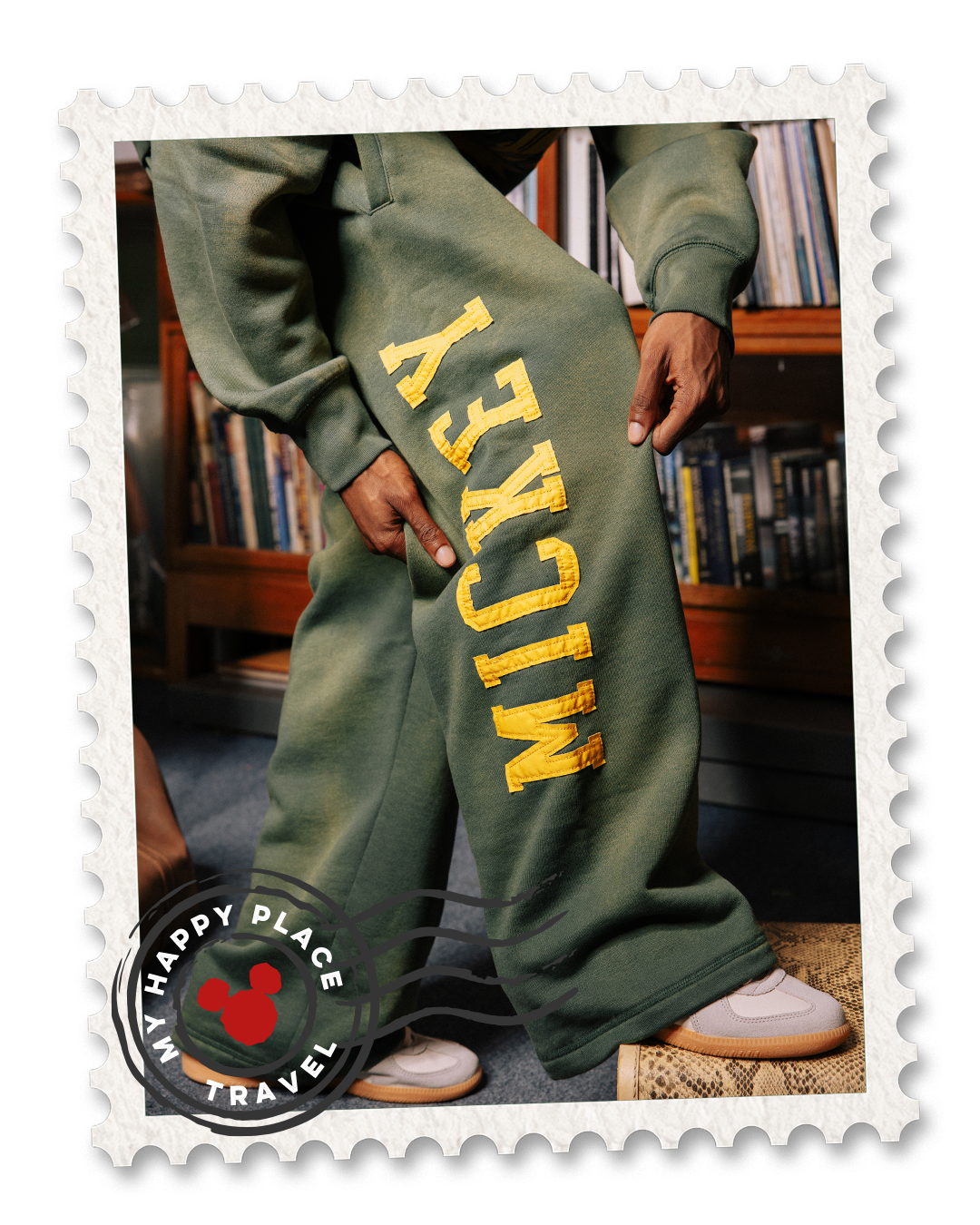 Person wearing green sweatpants with 