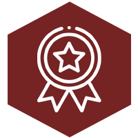 Award ribbon icon with a star on a maroon background.