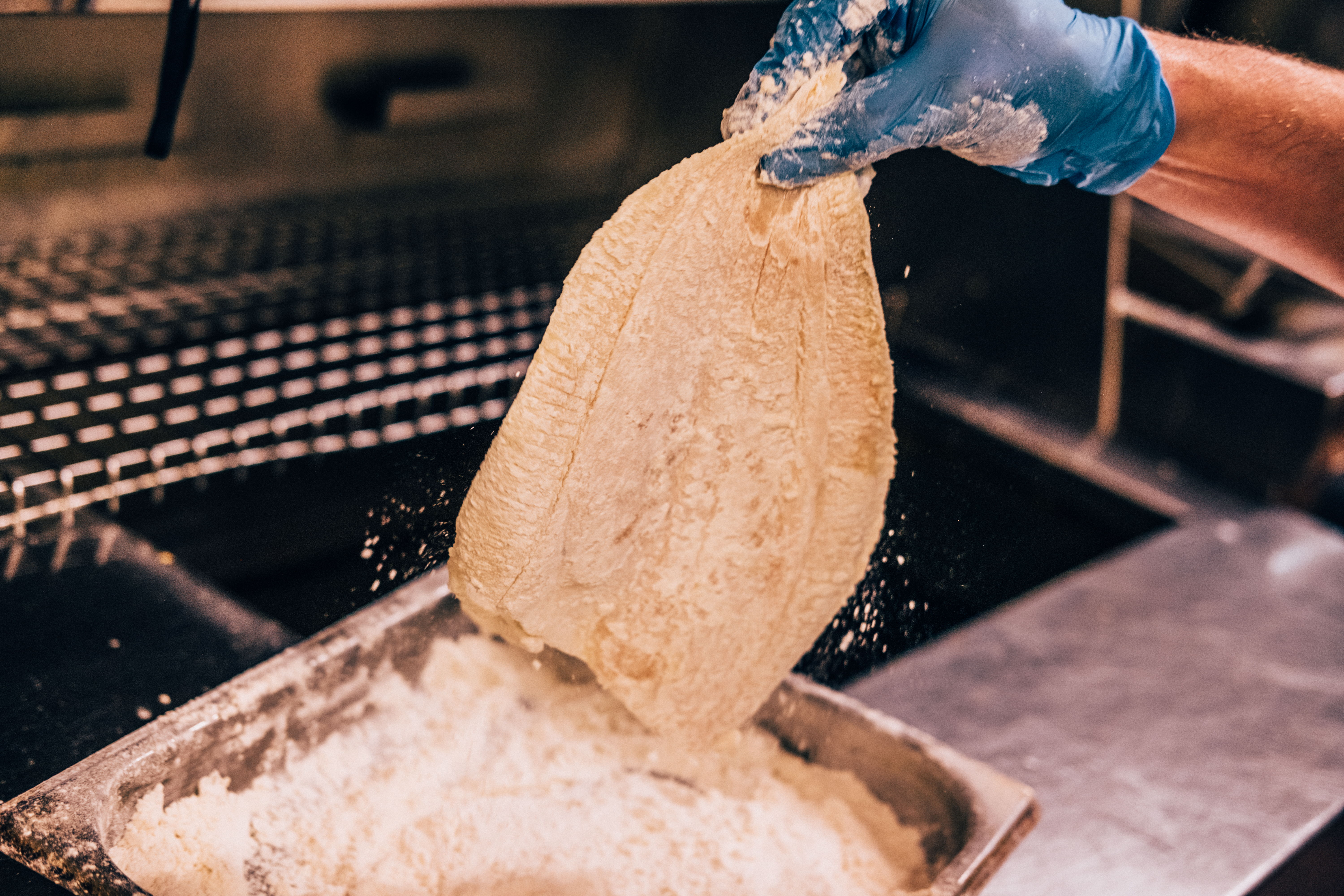A hand in a blue glove holding dough above flour in a bowl.
