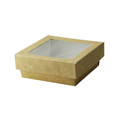 A square kraft box with a windowed lid