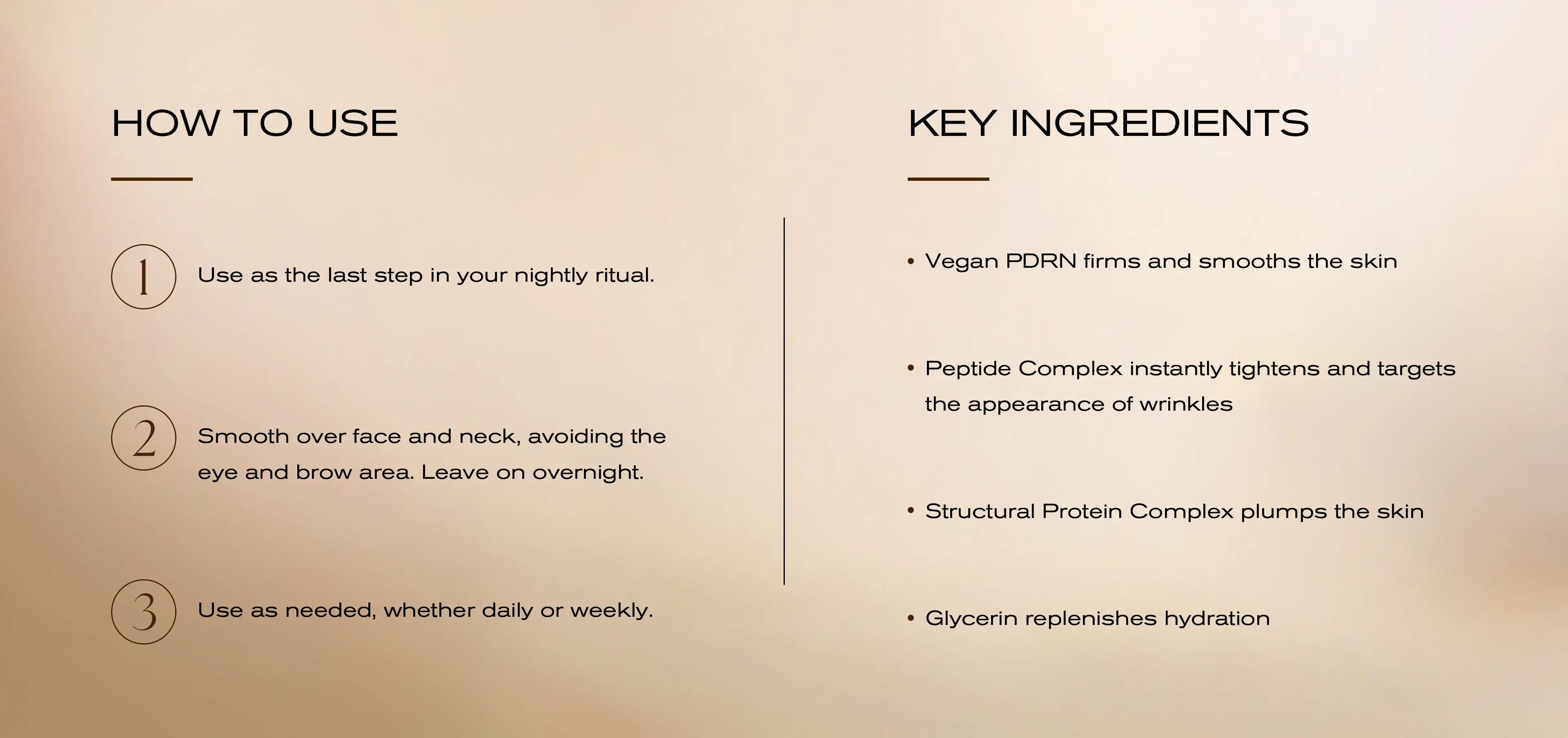 Memory gel sleep mask usage instructions and key ingredients for firming, smoothing, plumping, and hydration.