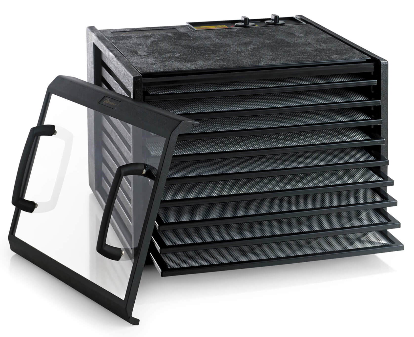 Excalibur 4926TCDB 9 tray dehydrator with clear door propped to the side and trays pulled out.
