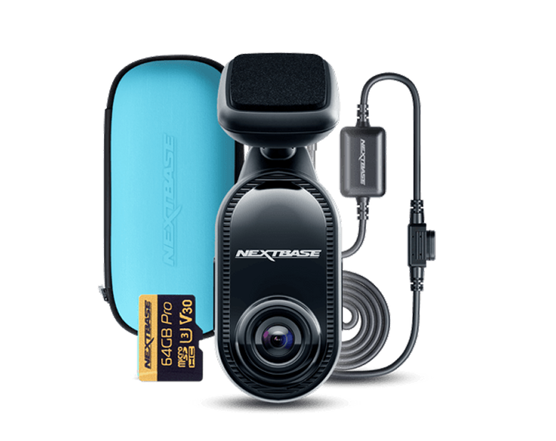 Dashcam with accessories including a case, cable, and memory card.