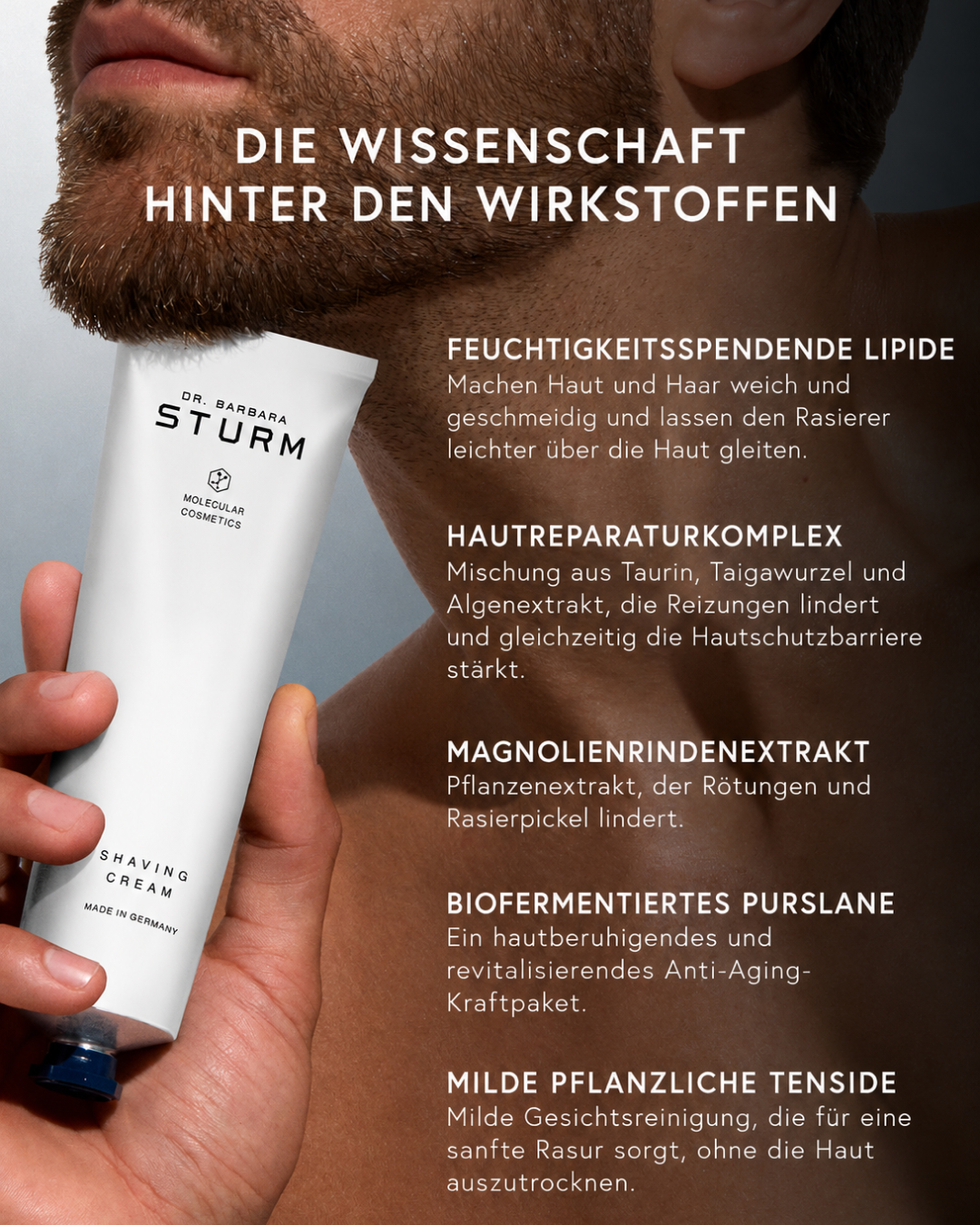 Man holding a skincare product with text about its ingredients and benefits.
