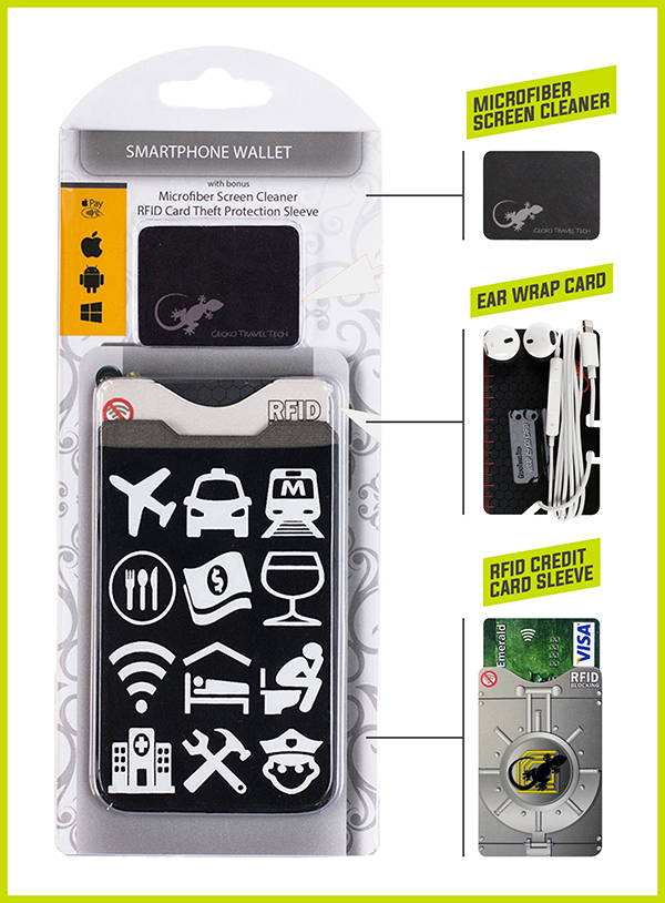 Adhesive Phone Wallet by gecko with travel icons, just point and communicate.