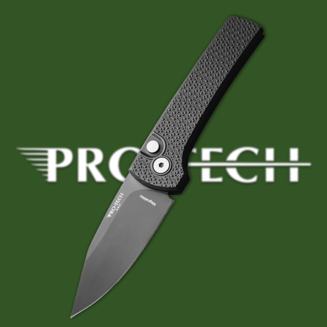 Folding knife with a black handle and blade, featuring Pro-Tech branding.