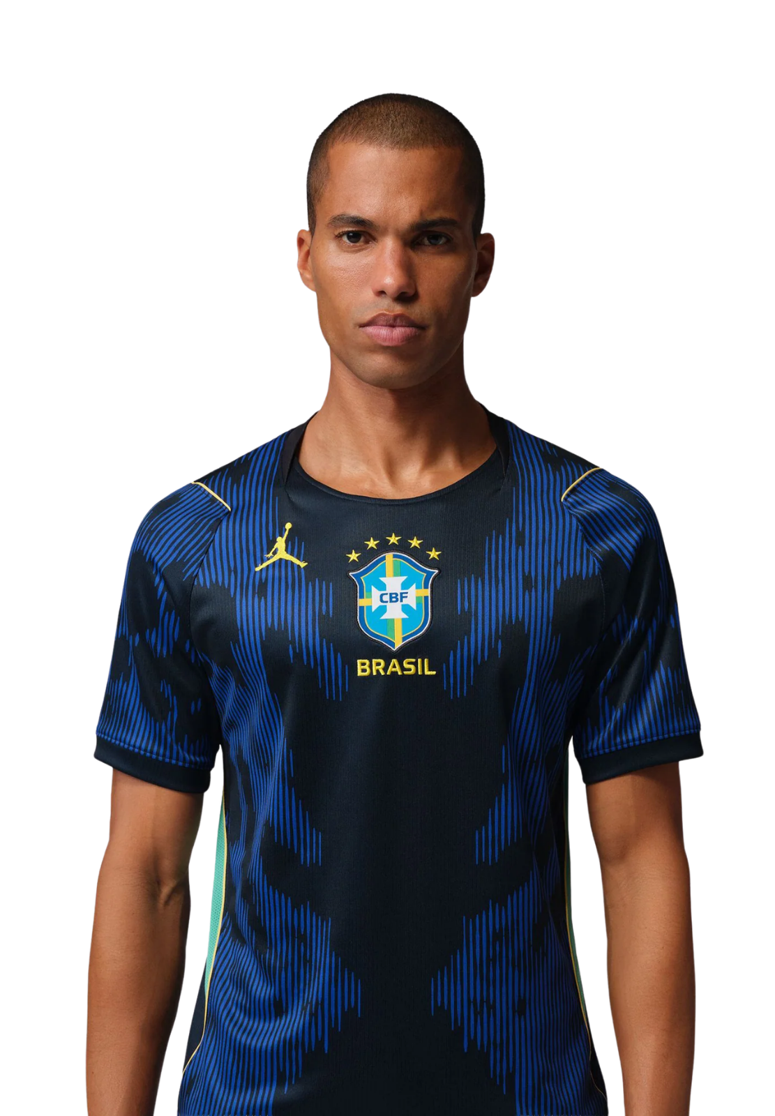 Male athlete wearing a Brazil soccer jersey with a blue design.
