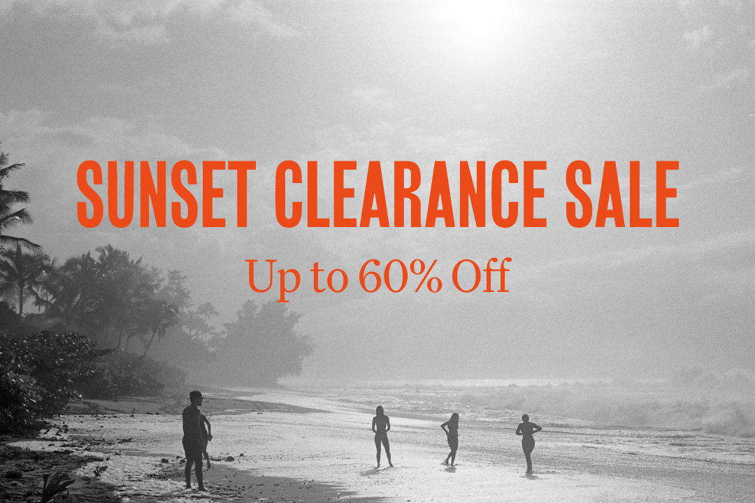 Sunset clearance sale advertisement with discount details and beach silhouette.