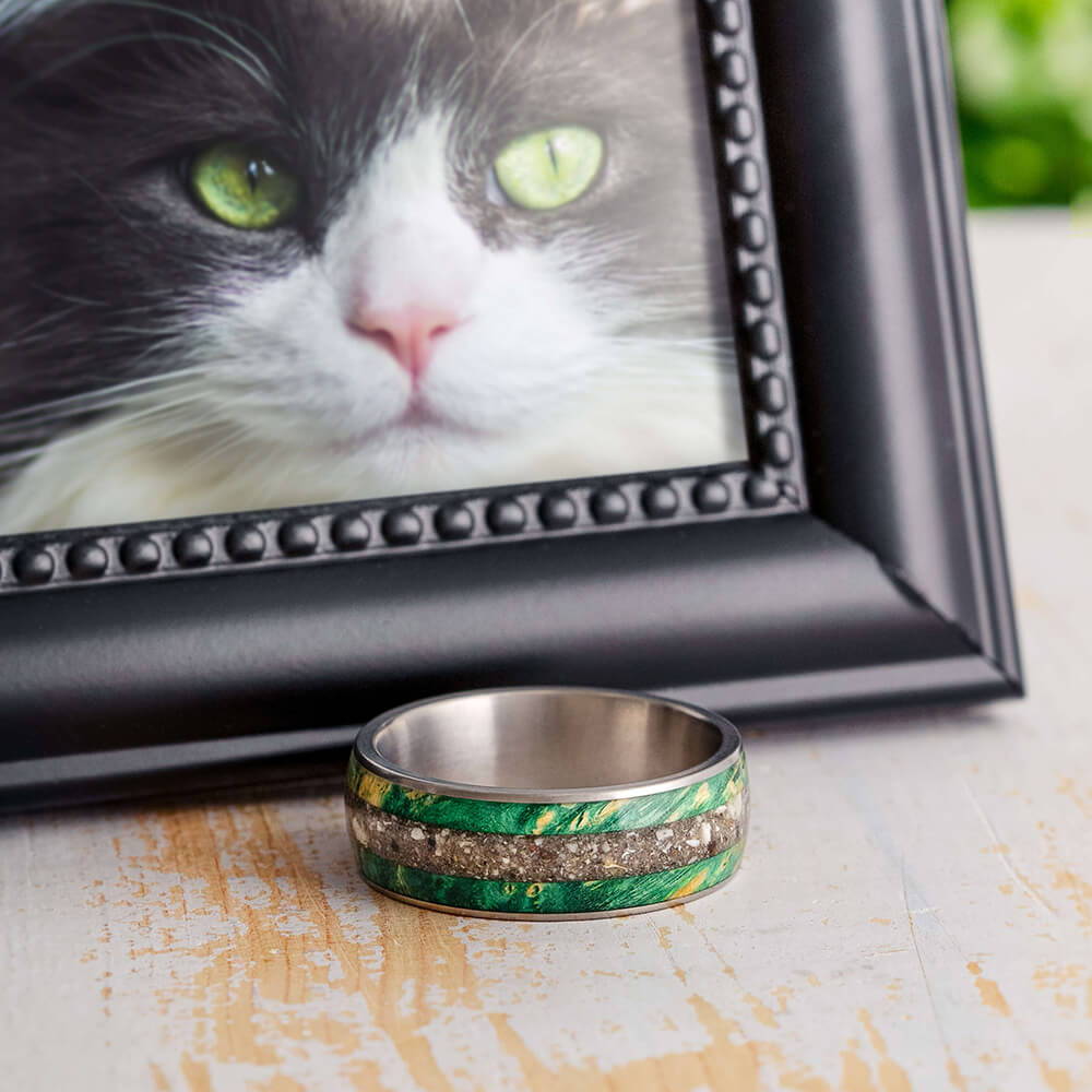 Cat Ashes Memorial Ring with Green Wood