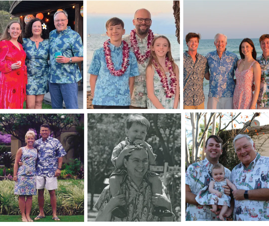 Gift card and family photos in Hawaiian shirts.