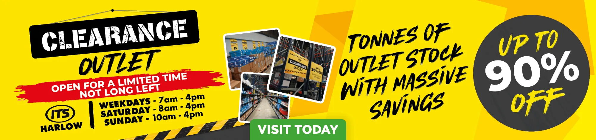 Clearance outlet sale with up to 90% off on various items.