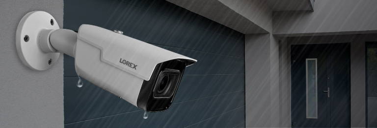 Weatherproof security camera in the rain