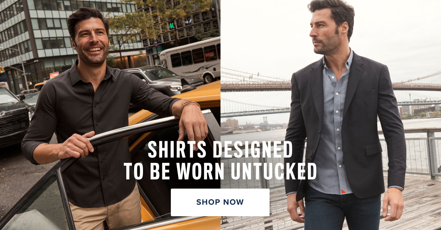Man wearing untucked shirts in urban settings.