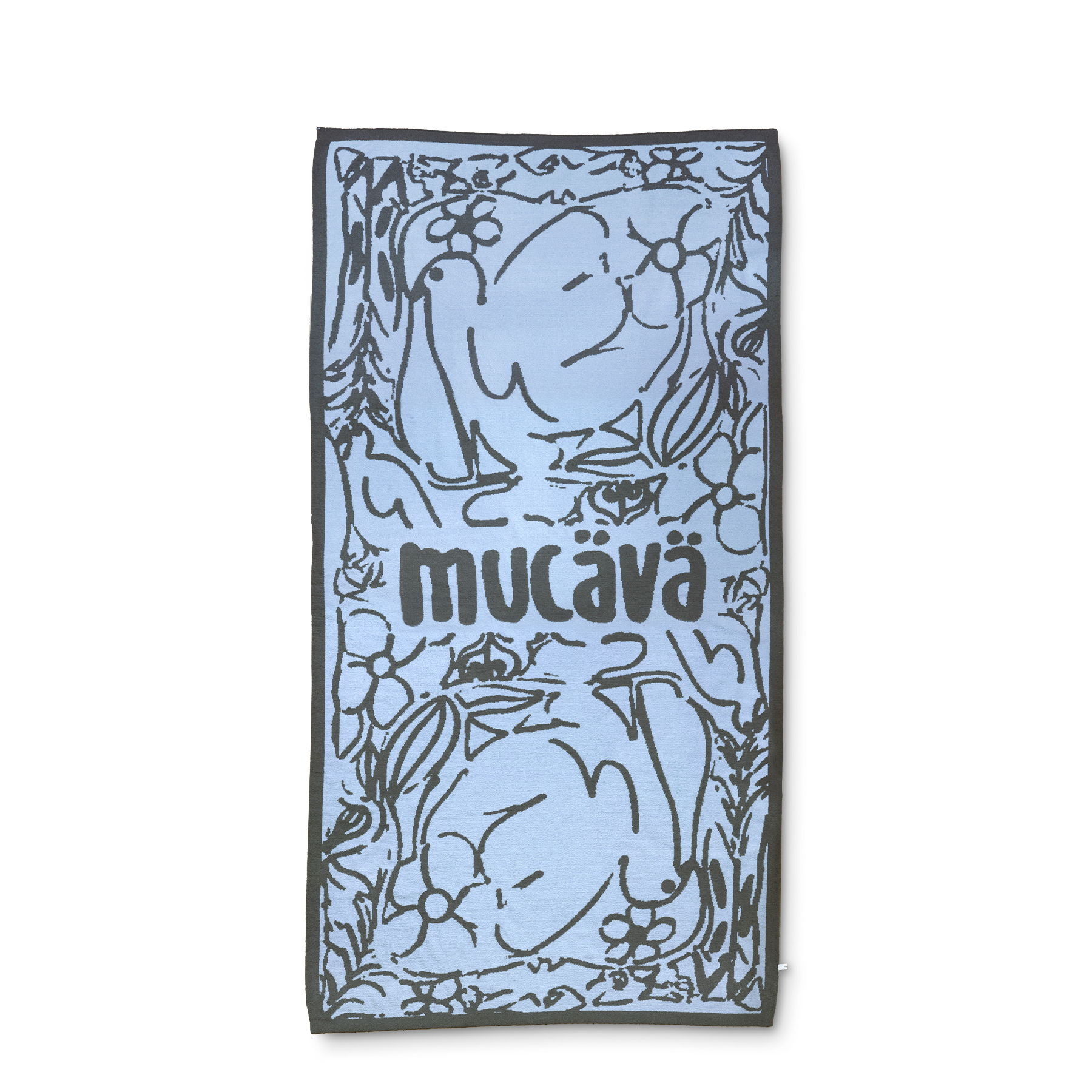 Blue towel with floral design and the word 