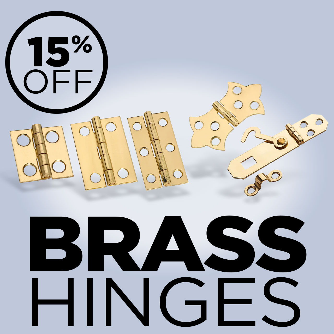 Brass hinges with a 15% off promotional offer.