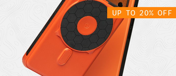 Orange phone case with a circular design and discount banner.