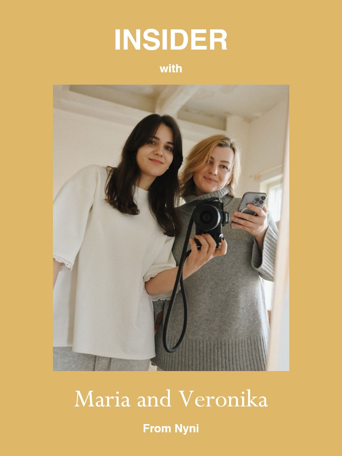 Two women smiling in a mirror selfie, with text overlay.