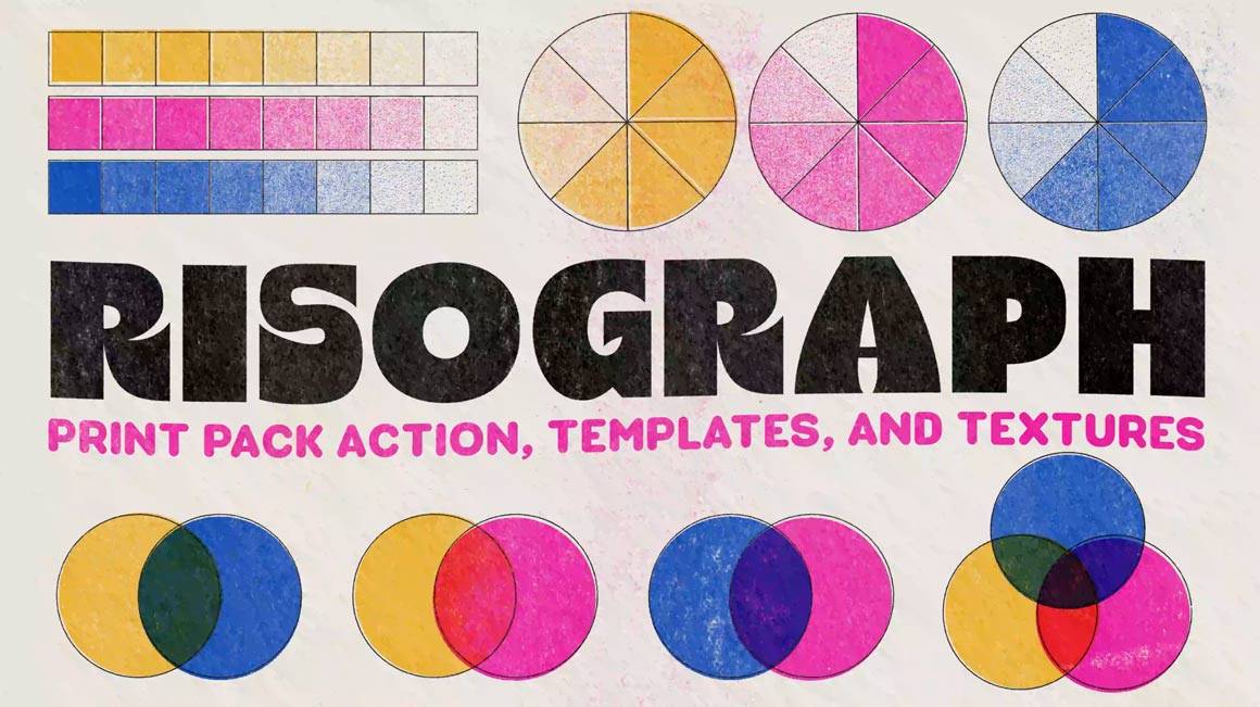 Risograph Print Pack actions, templates, and textures for Photoshop.