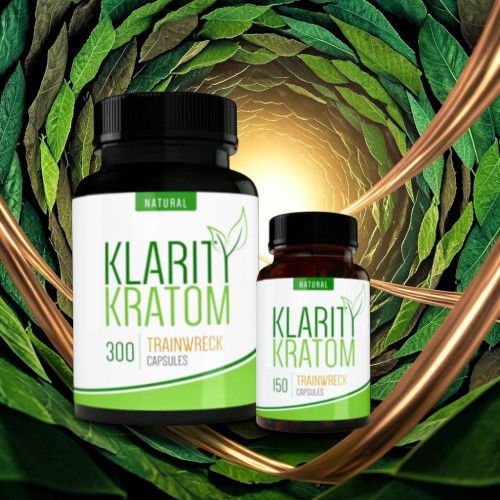 Two Klarity Kratom supplement bottles on a leafy background.