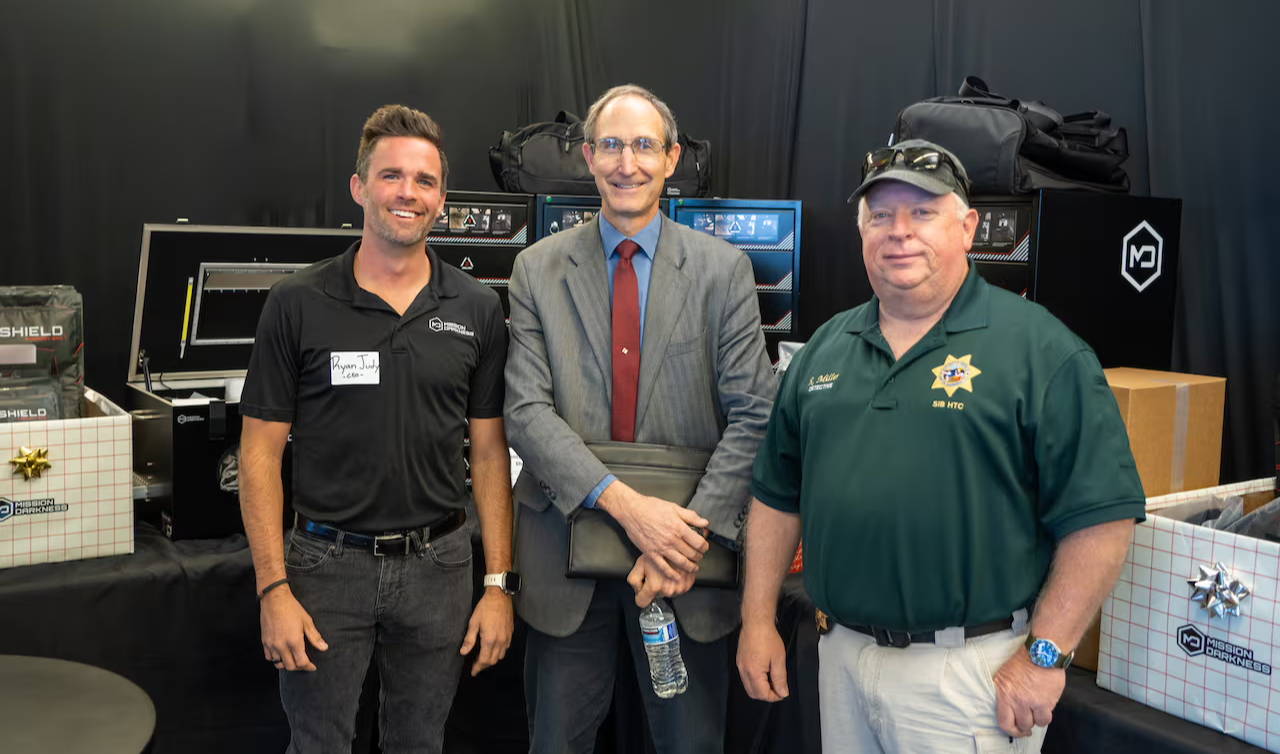 Ryan Judy, MOS Equipment CEO, pictured with representatives from the Santa Maria Police Department and the Santa Barbara County Sheriff’s Department, standing in front of donated forensic equipment