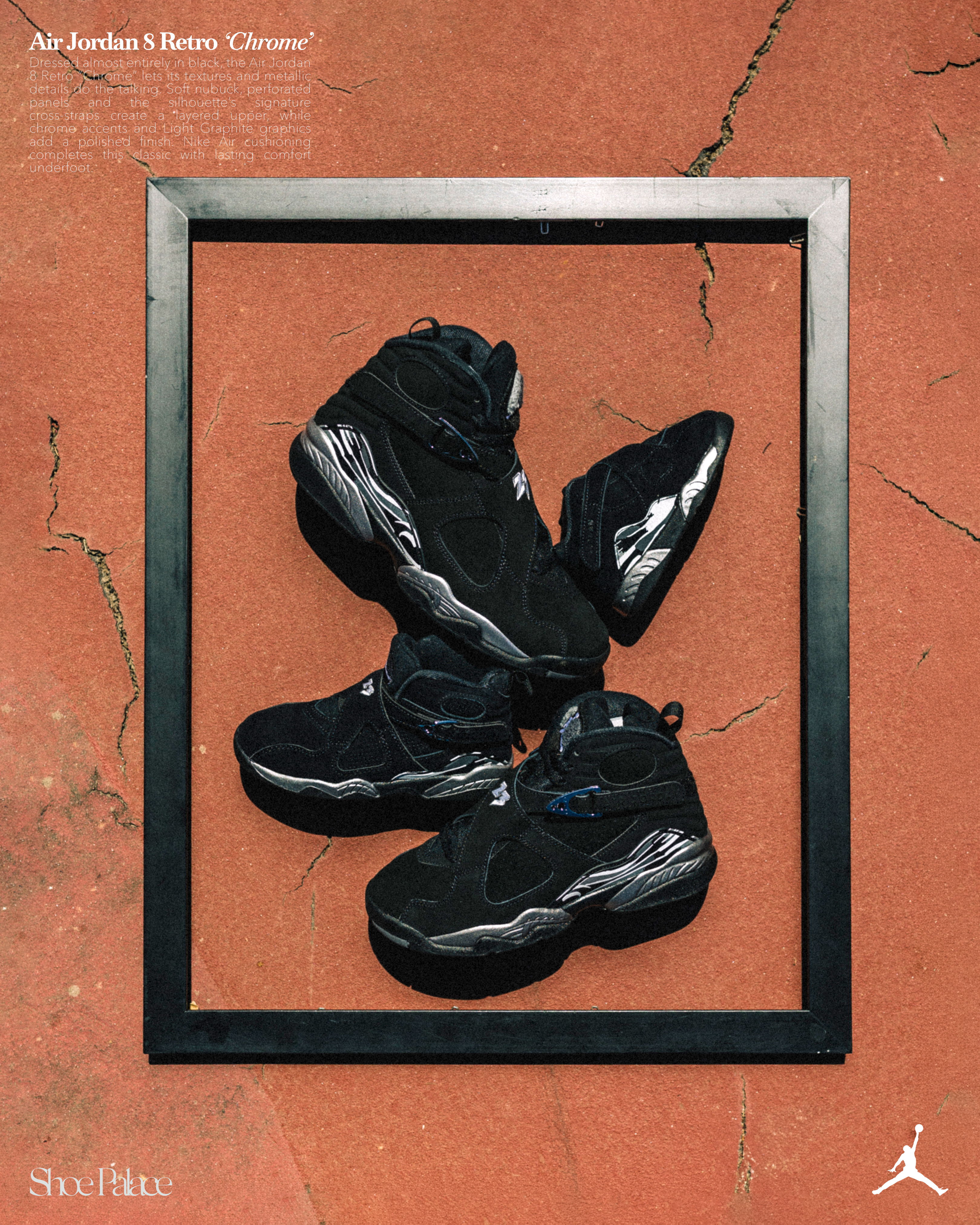 Four pairs of black Air Jordan sneakers displayed in a frame.