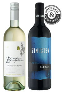 Two wine bottles: Bonterra Sauvignon Blanc and Zinister Red Blend, with certification logo.