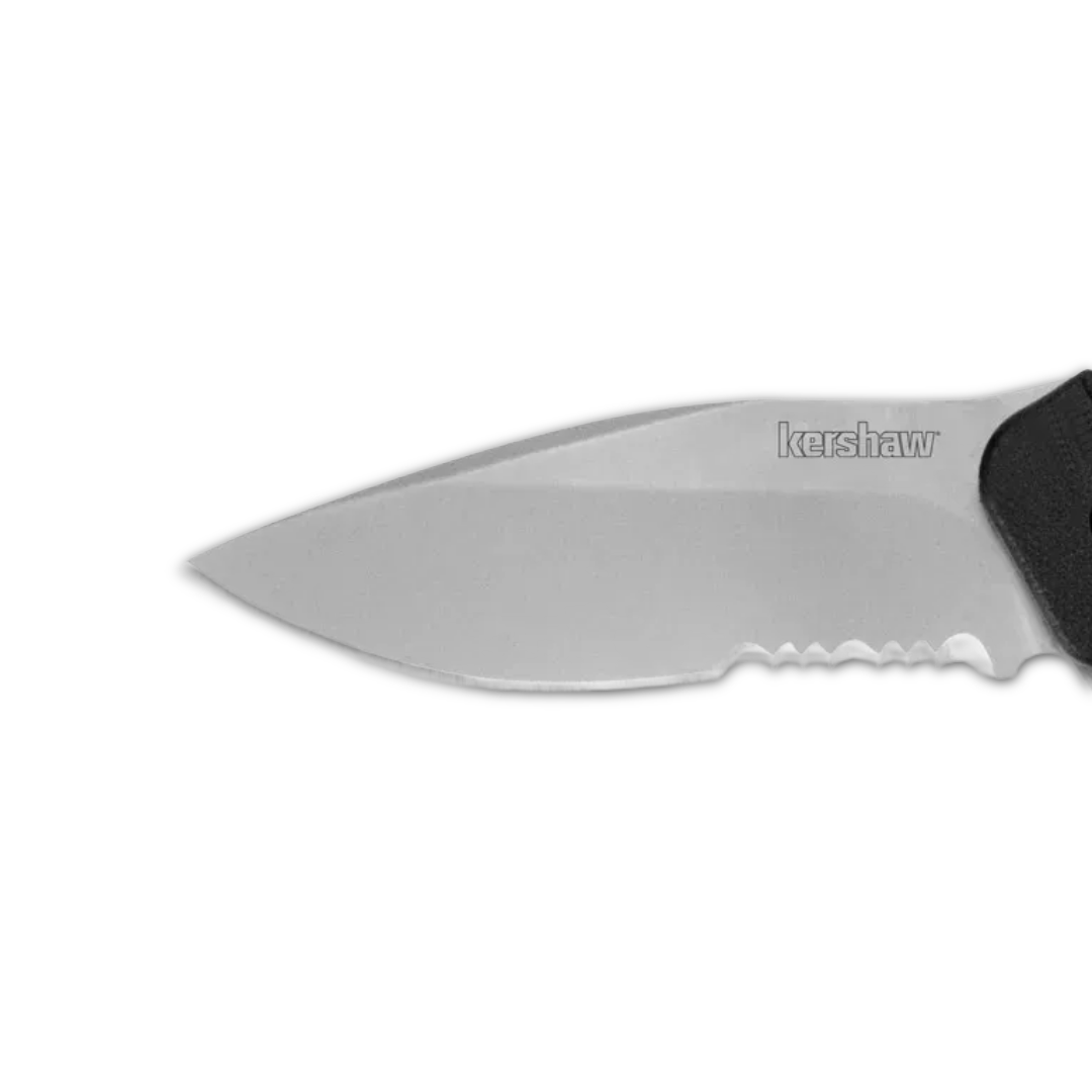 Close-up of a silver knife blade with a black handle.
