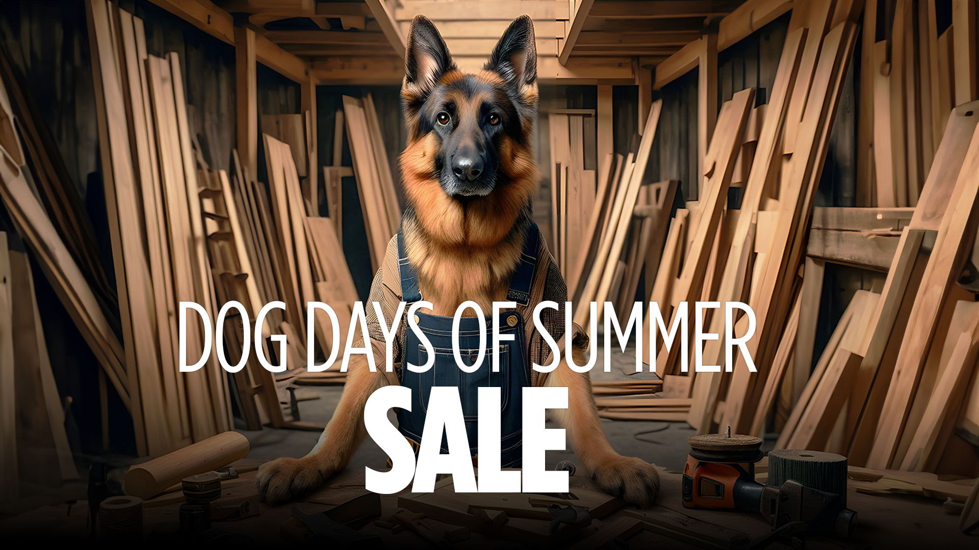 German Shepherd in a workshop promoting a summer sale.