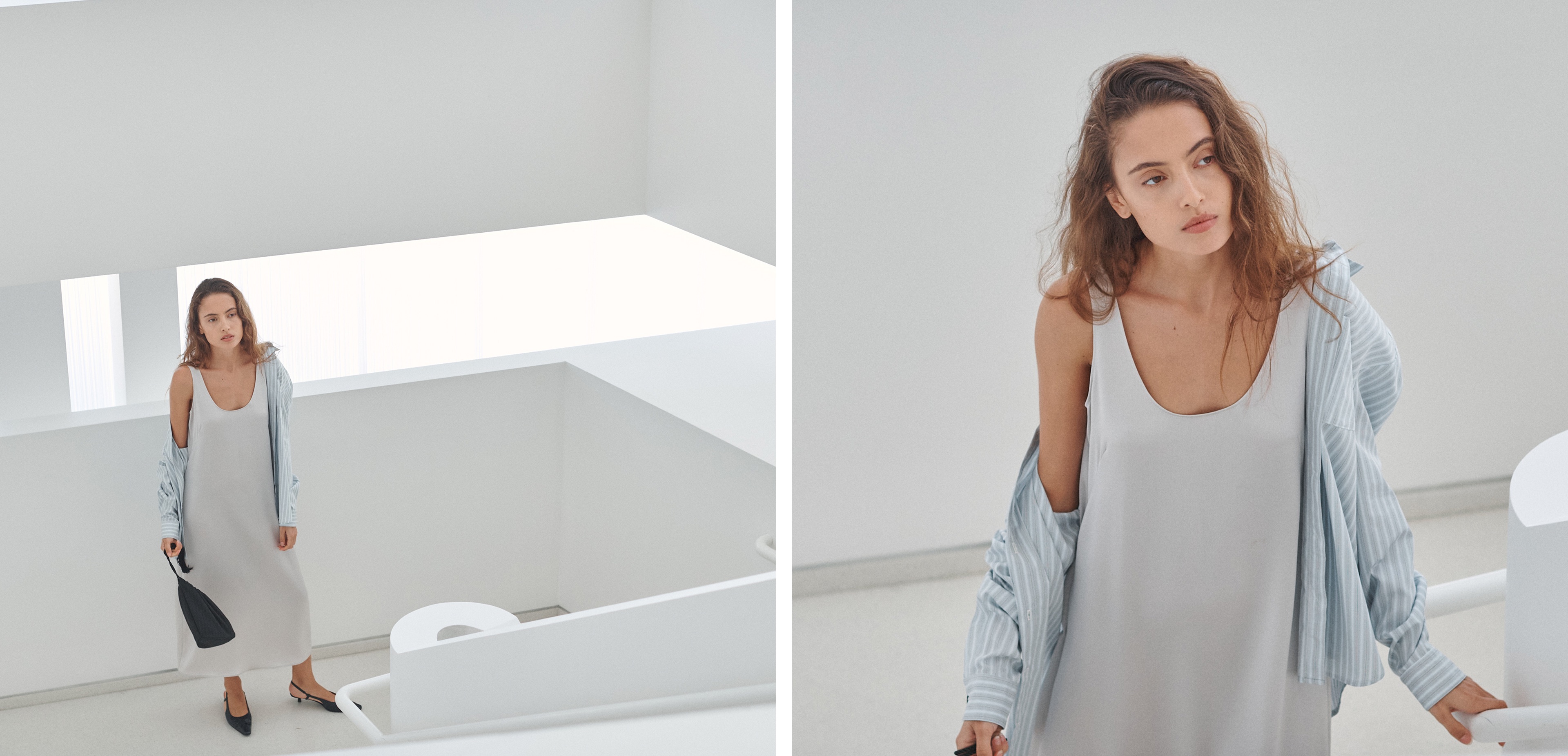 Yoshi Oversized Button Down in Sterling Stripe and Barb Midi Scoop in Cement