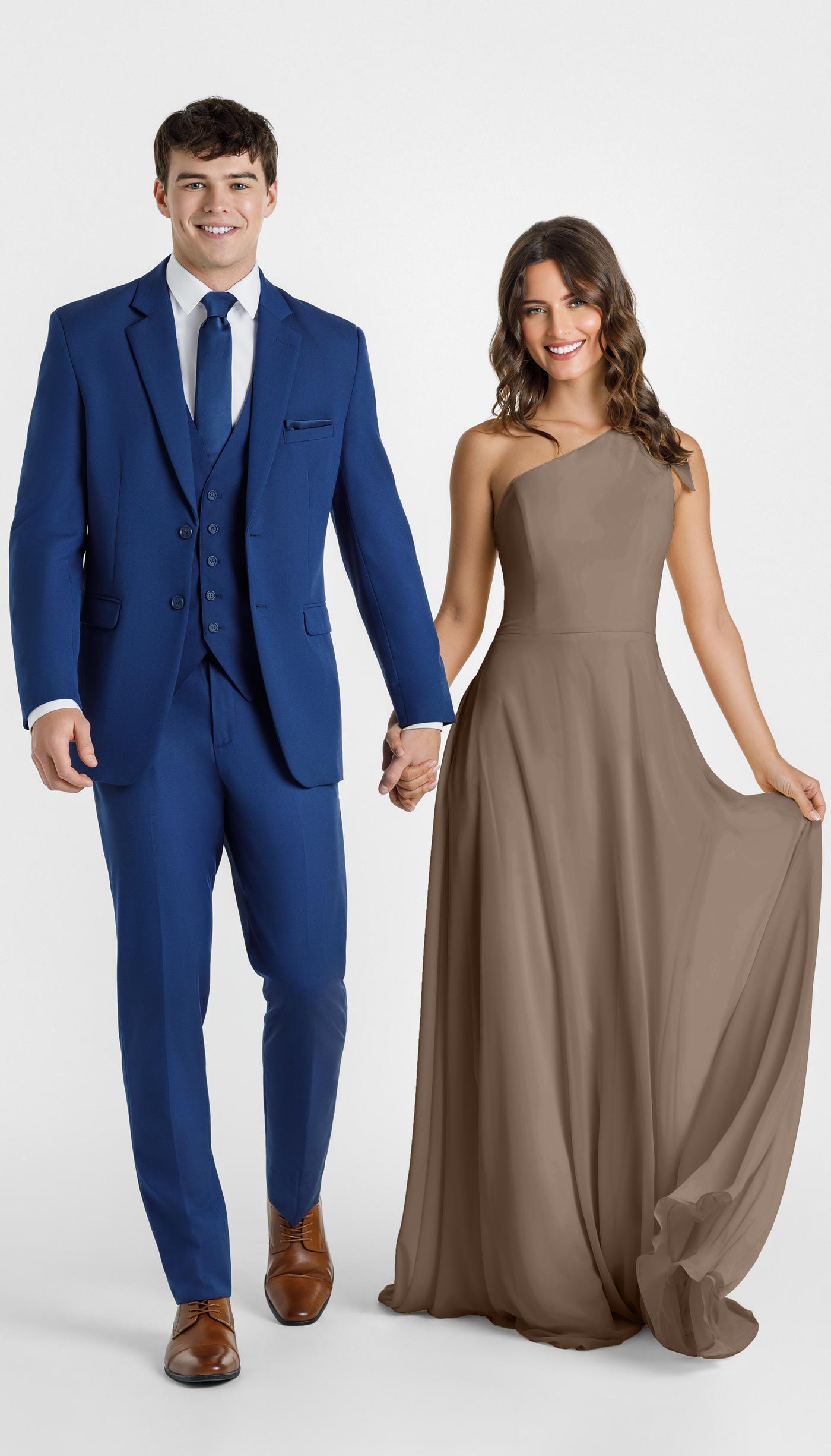 indigo suit with fawn bridesmaid dress