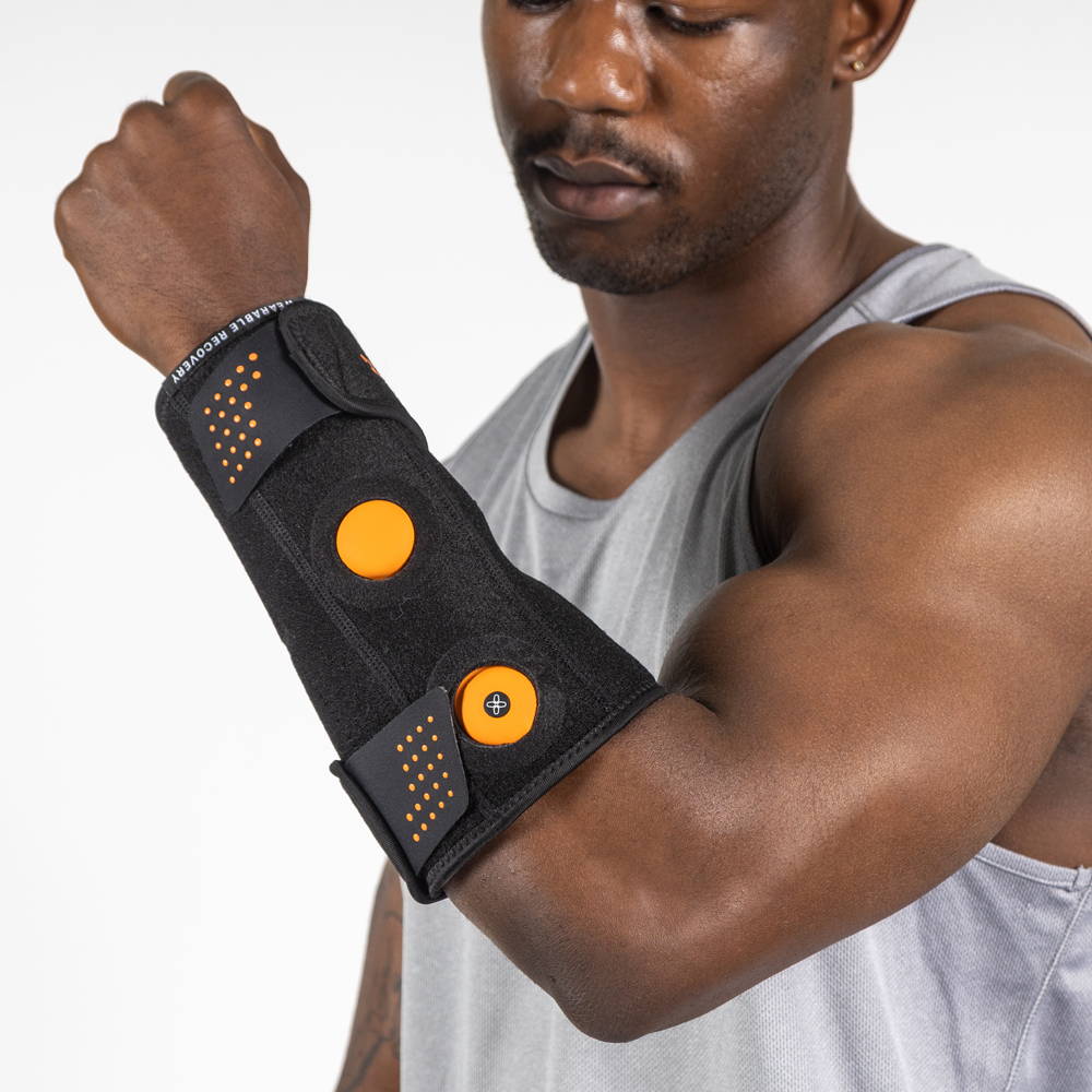 Myovolt vibration therapy wrist brace for muscle pain relief, repetitive strain and tendinitis in wrists and forearms from sports and exercise.