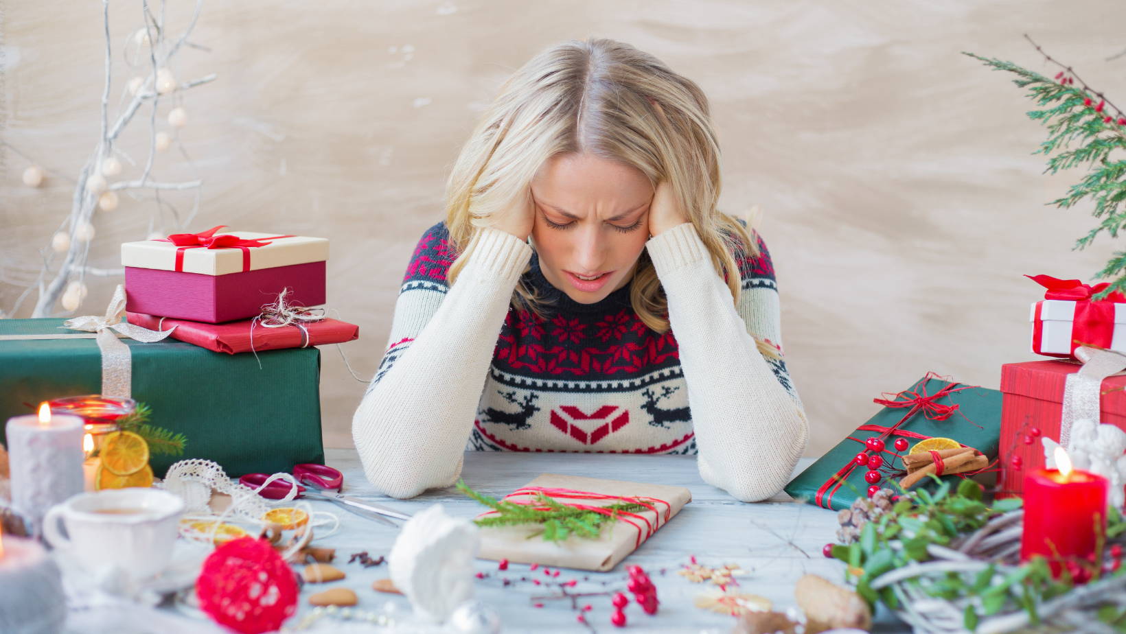 Woman stressed wrapping holiday presents