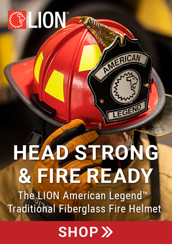 Red fire helmet with logo and text promoting fire safety equipment.