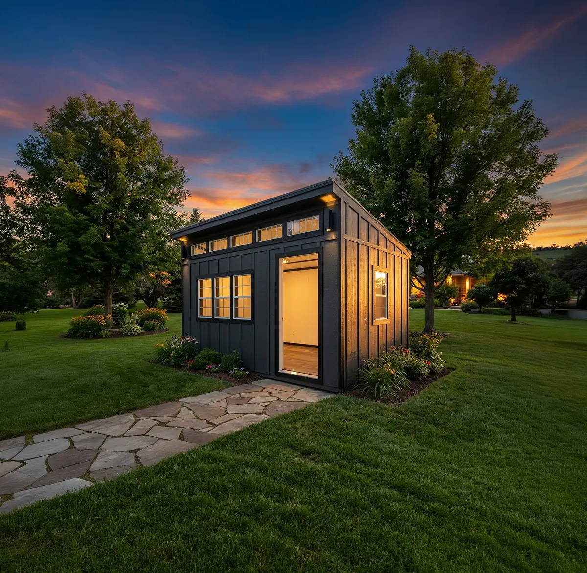 Leonard Studio Shed exterior at dusk with board-and-batten siding, transom windows, and stone walkway