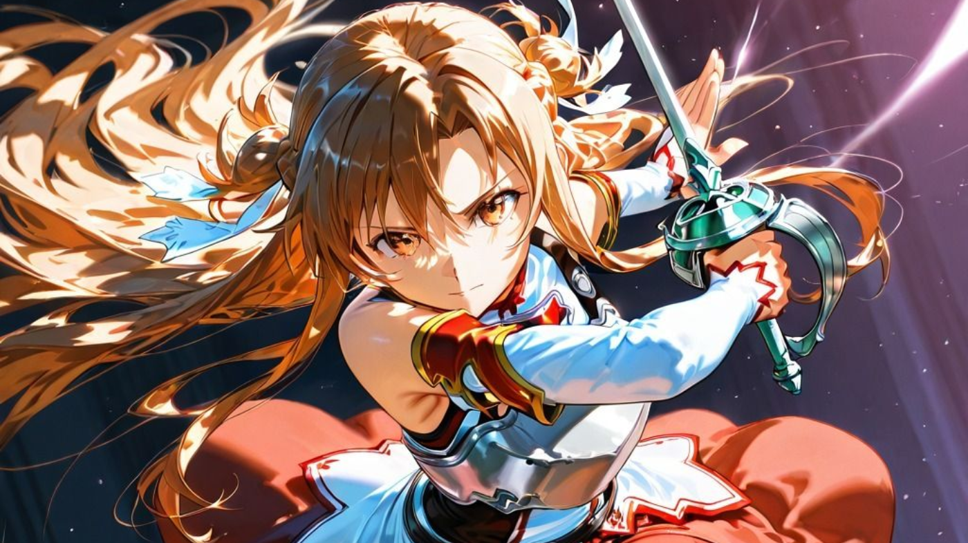 Illustration of Asuna Yuuki from Sword Art Online, anime-style artwork depicting her in Knights of the Blood Oath uniform with long auburn hair, sword in hand, and expressive brown eyes.