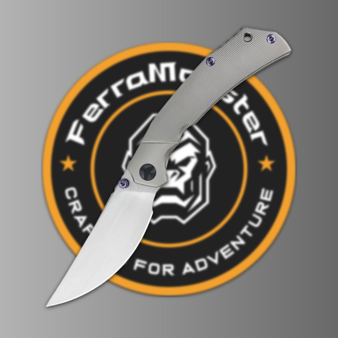 Folding knife with silver blade and black logo background.
