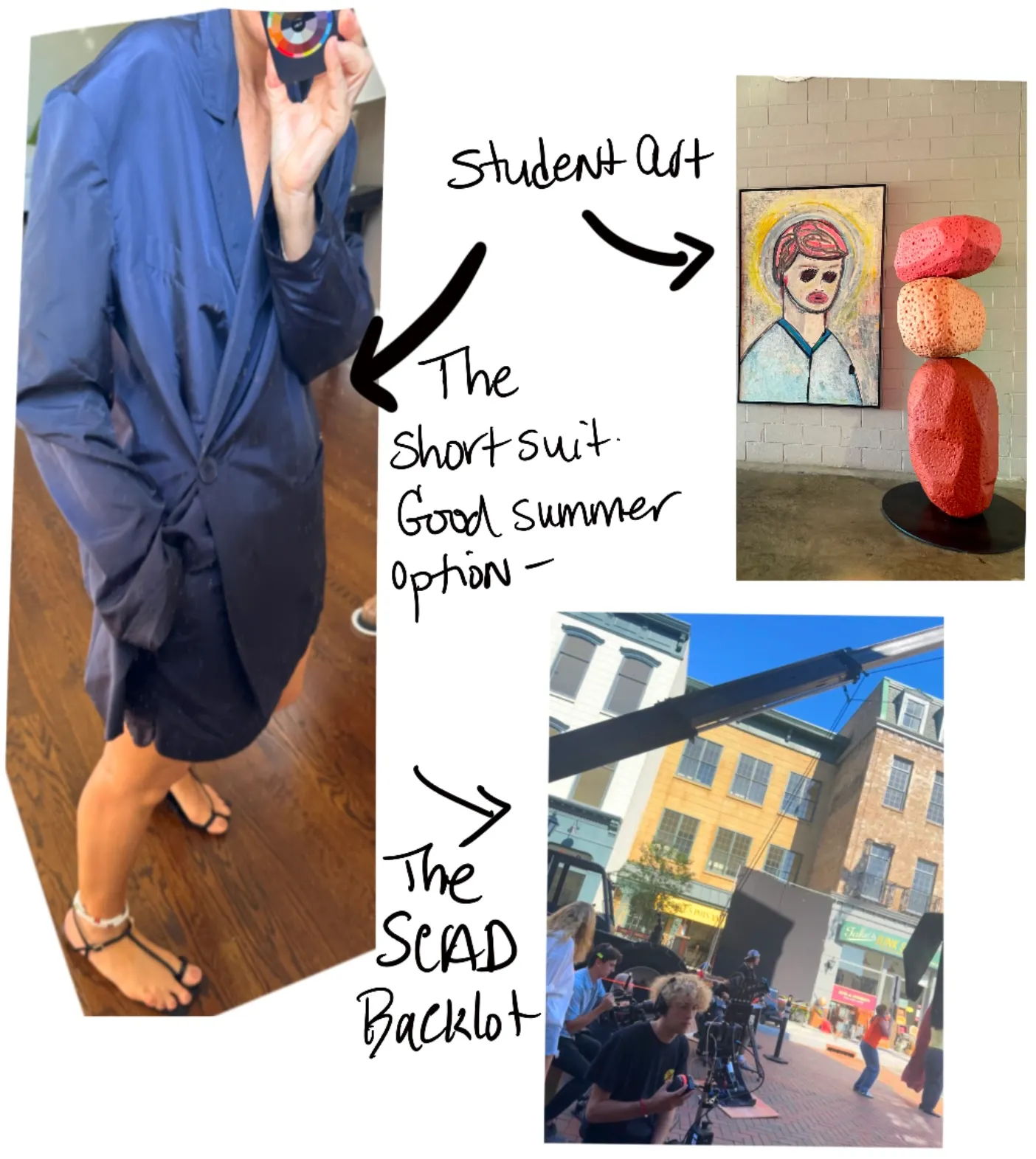 Fashion collage featuring a student outfit, art, and SCAD backdrop.