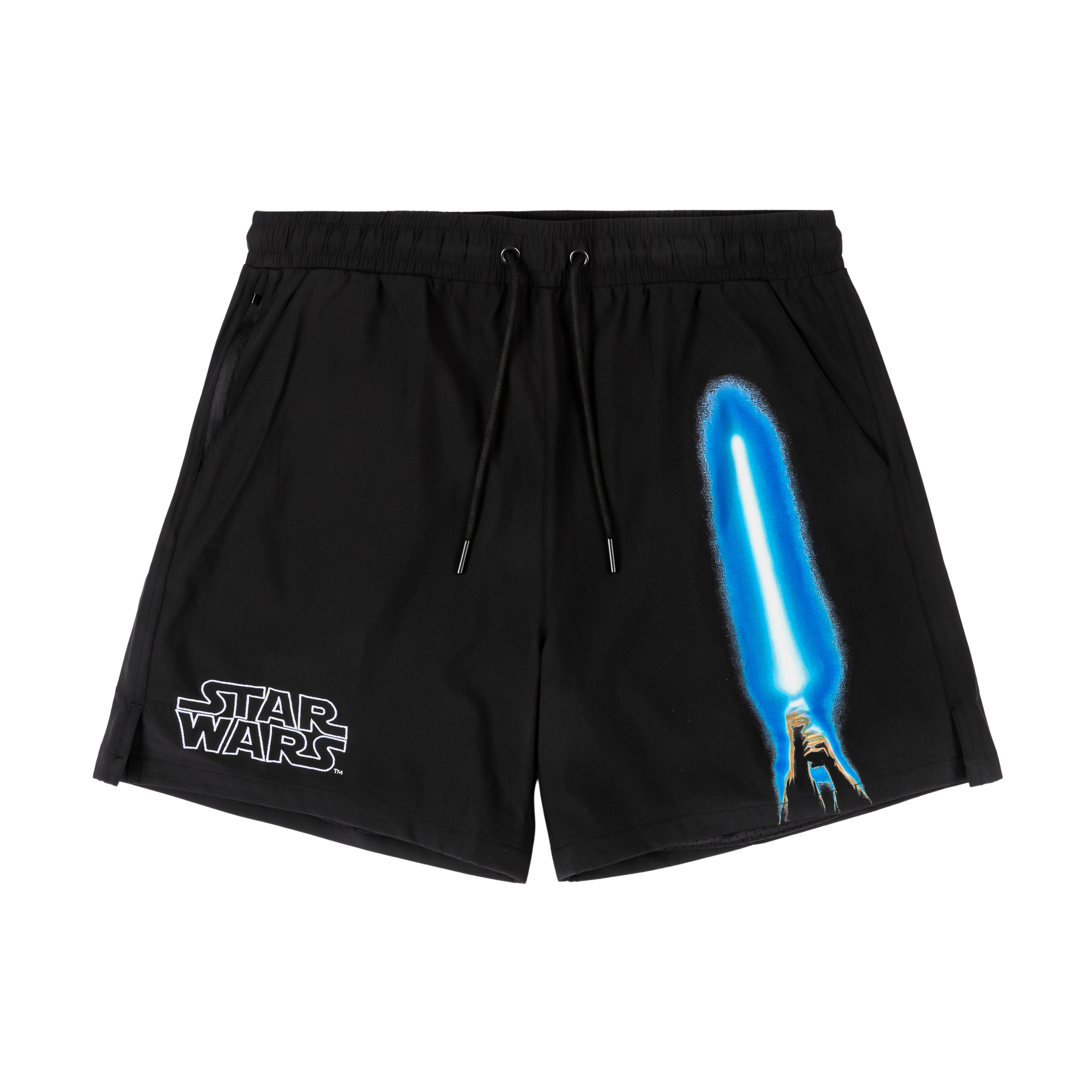 Black shorts with a blue lightsaber graphic and 