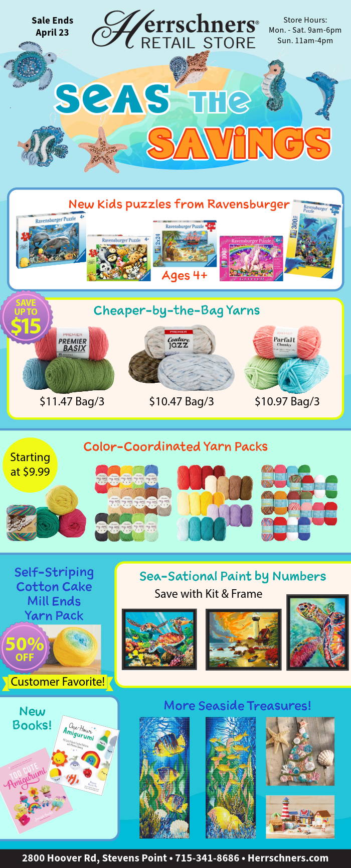 Current Retail Store Specials: Seas the Savings Sale! Images: Featured Yarns, Puzzles, and Kits.