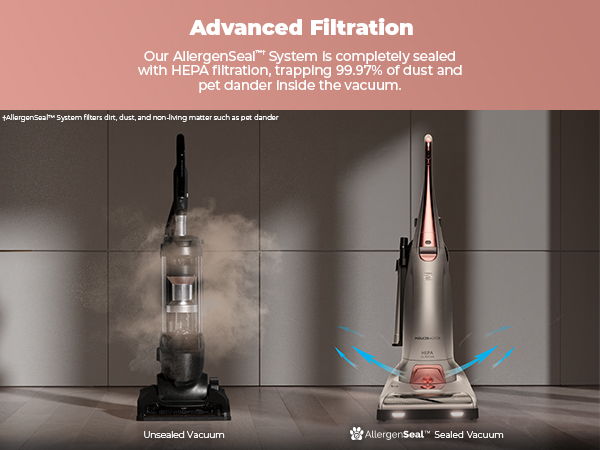 Vacuum cleaners demonstrating advanced filtration technology with dust and particles.