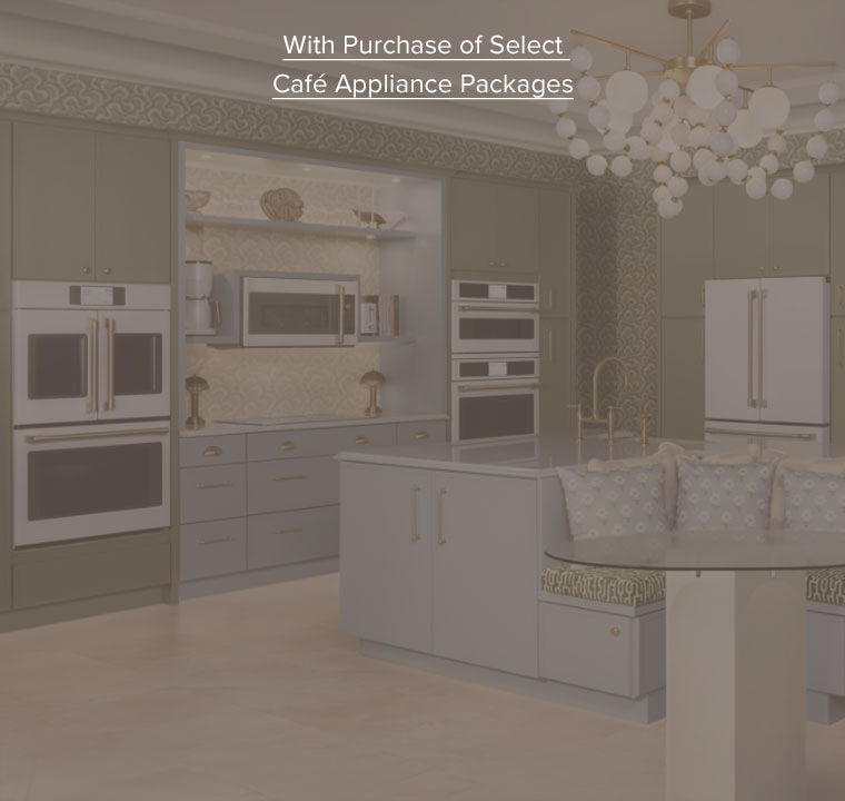 Café Summer Romance kitchen with matte white appliances, green and blue cabinetry, appliances, and stylish lighting.