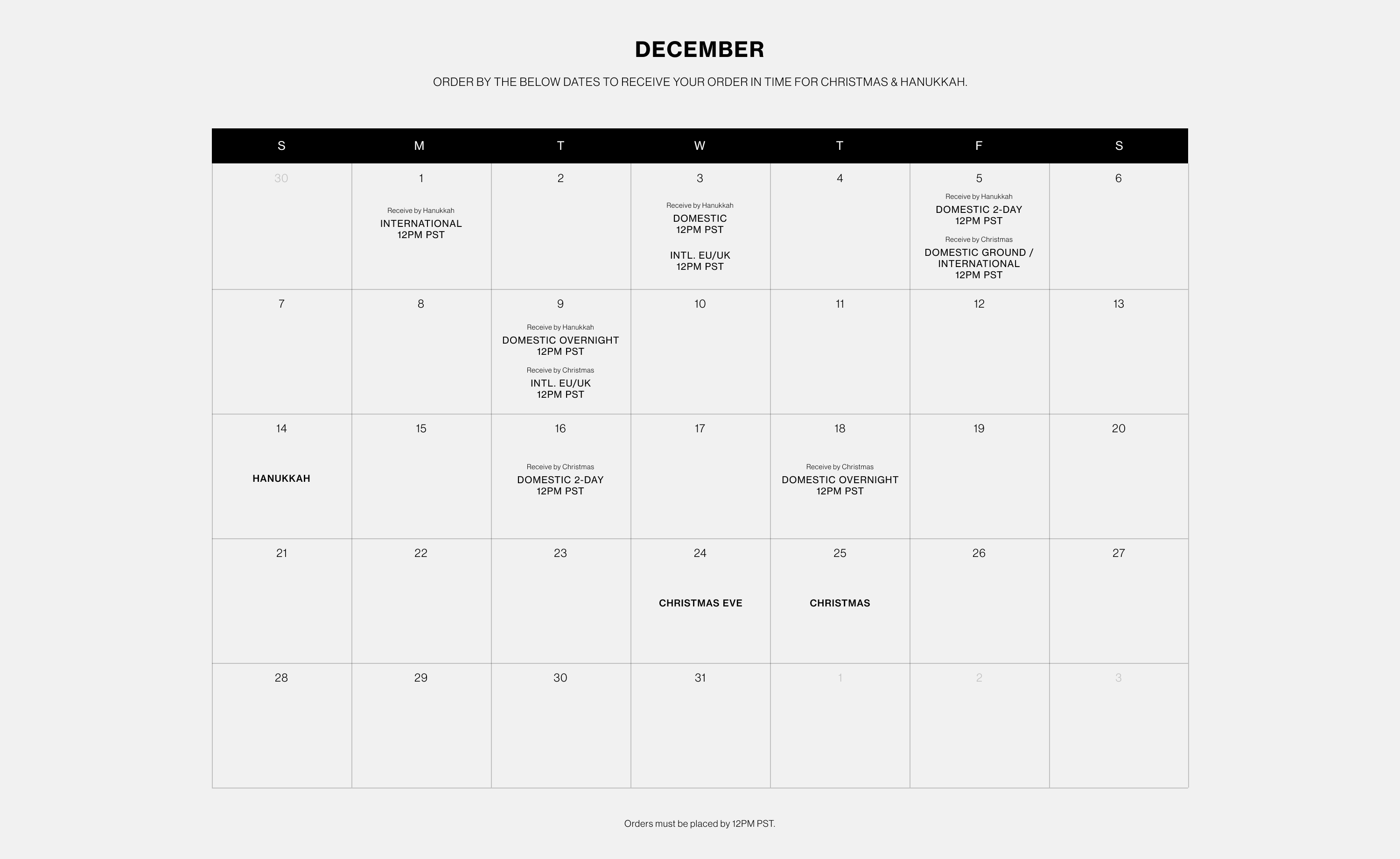 December calendar layout with dates and events marked.