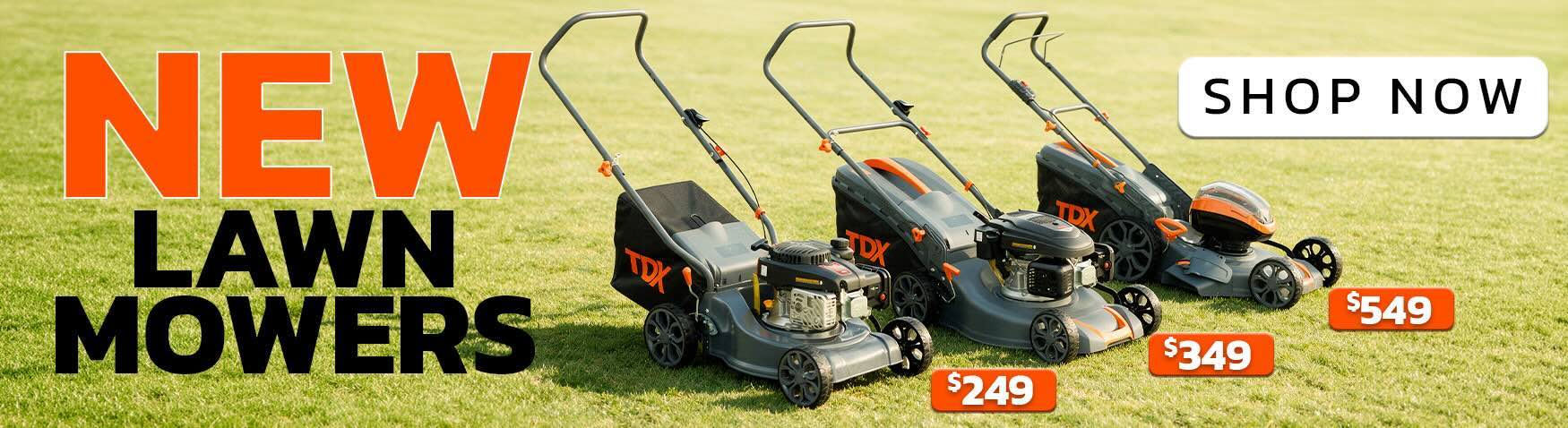 Promotional image for new lawn mowers with prices and a 