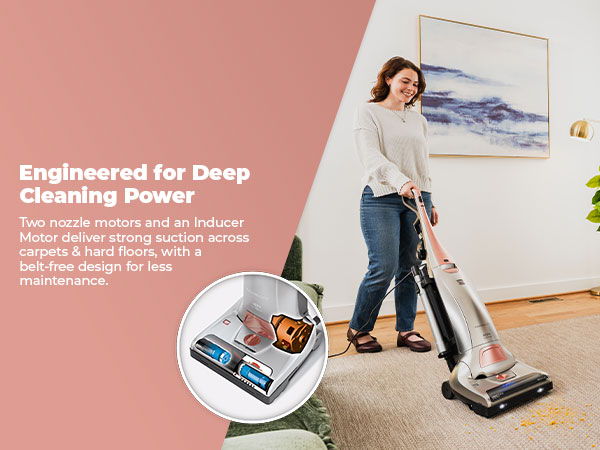 Woman using a vacuum cleaner for deep cleaning in a living room.