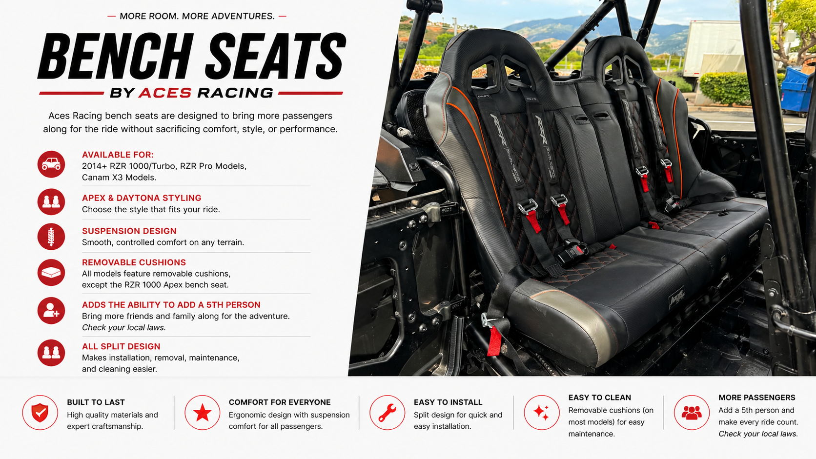 Bench seats for vehicles with features and specifications listed.