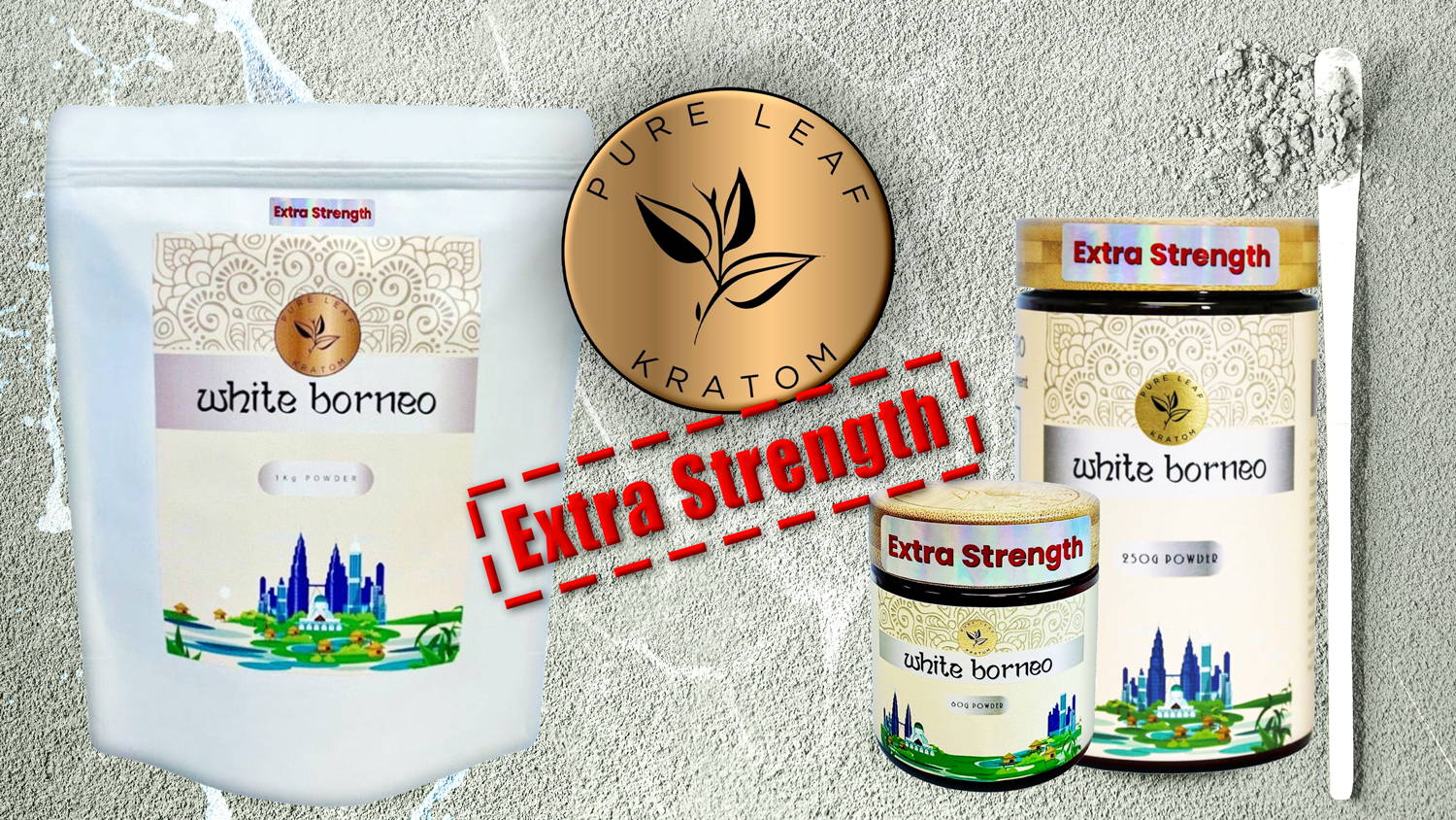 Pure Leaf Kratom Powder White Borneo Extra Strength Various Sizes Banner