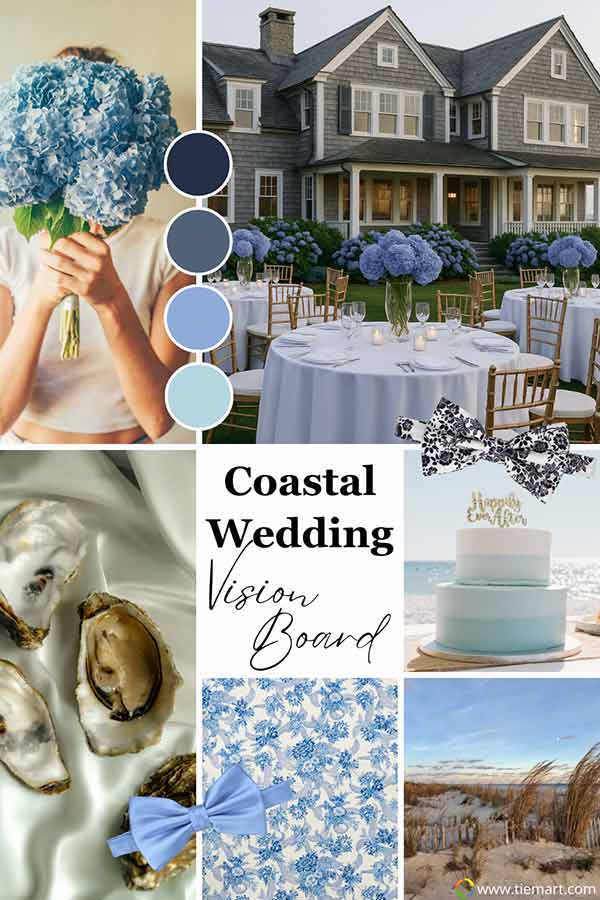 Coastal wedding vision board, showing blue hydrangeas, blue and white fabric, oyster, cape cod style wedding reception and blue bow ties