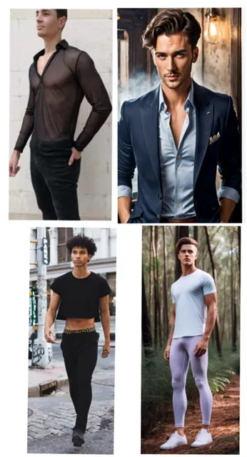 Four men in stylish outfits posing in various settings.