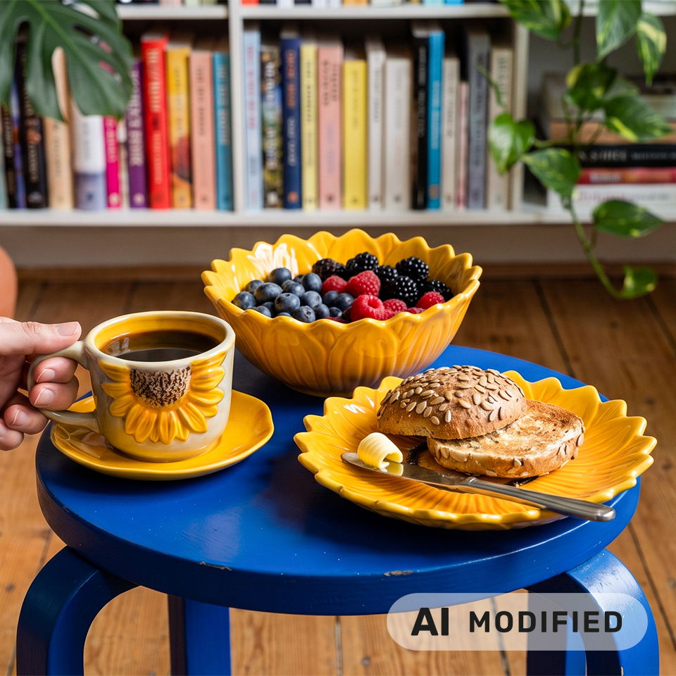 Une tasse de café, des bols de fruits et une pâtisserie sur une table bleue.