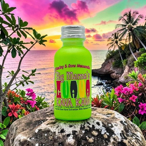 Bright green drink bottle in tropical setting with colorful flowers and palm trees.